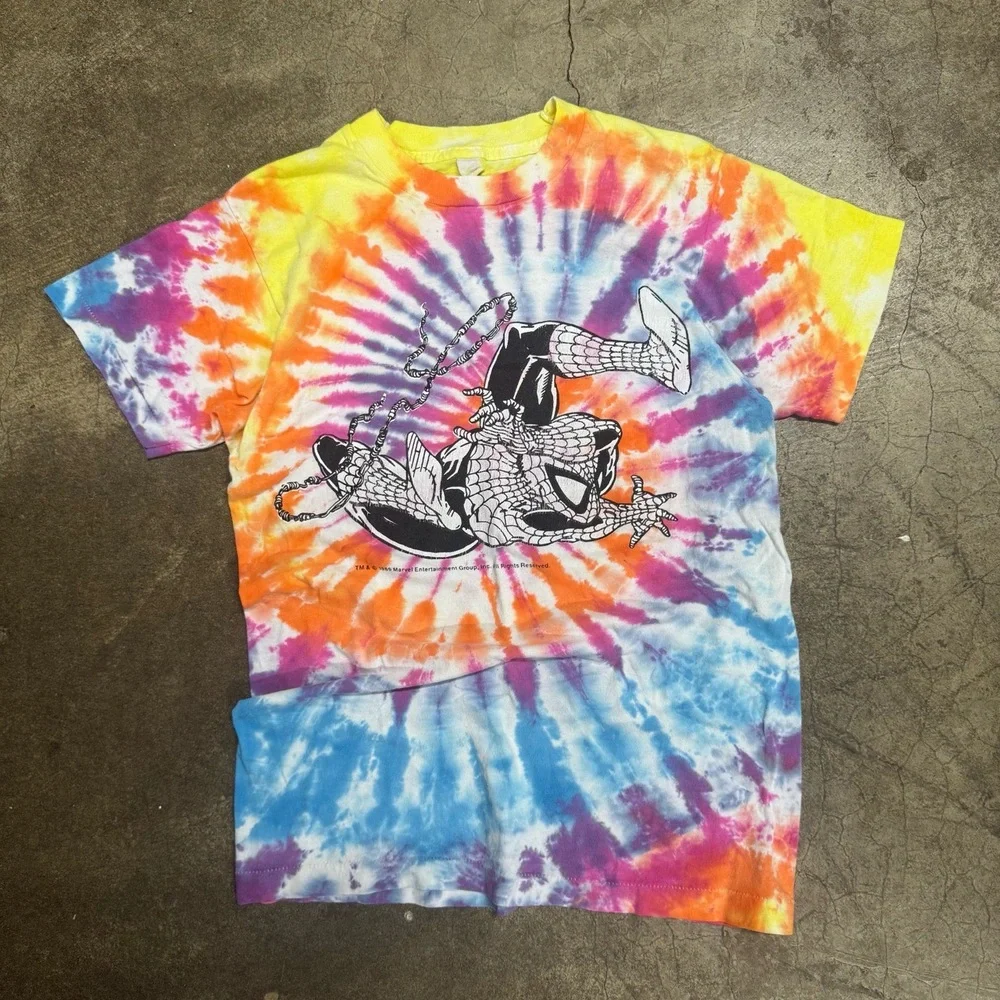 Vintage 1989 Marvel Spider-Man Mens Size S Single Stitch Tie-Dye Spiral T-Shirt - Picture 1 of 6